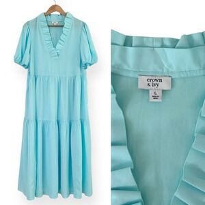 Crown & Ivory Women's Large Aqua Blue Ruffle V Neck 100% Tencel Midi Dress NWOT